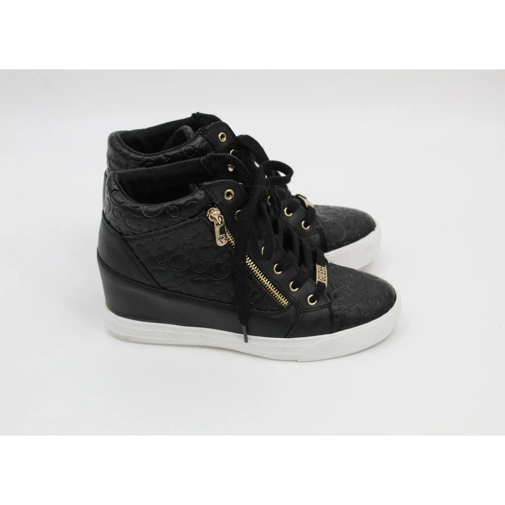 Guess Los Angeles Womens Black Embossed Logo Wedge High Top Sneakers Gold Zip